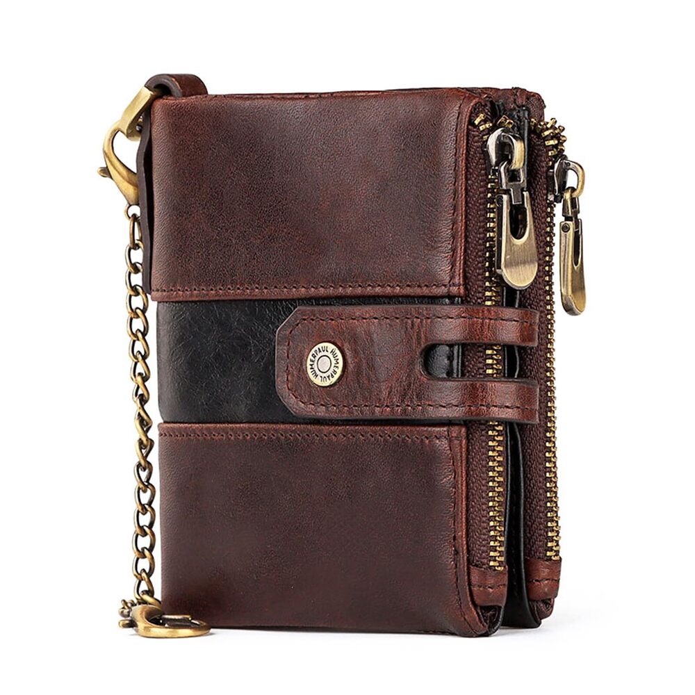 6353 Wallet with Chain RFID Blocking Leather Bifold Biker Wallet Double